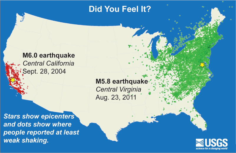 The 2011 Virginia earthquake was felt as far west as Wisconsin and Minnesota, and as far north as Ontario, Canada.