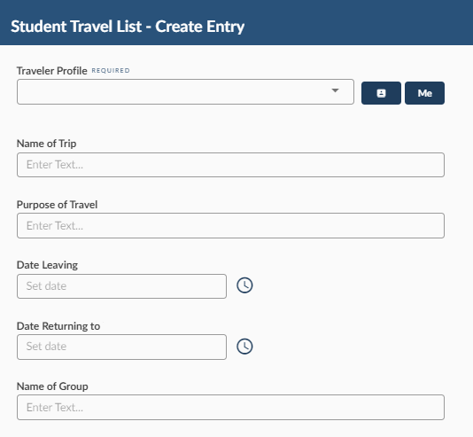 A Veoci form for collecting travel information from students and staff.