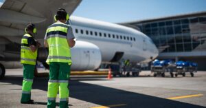 Two airport employees overlook an aircraft inspection on an airport runway.