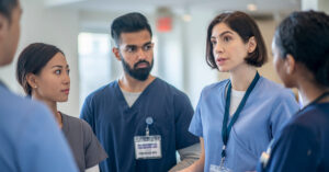 A group of medical professionals having a discussion in a hospital hallway.