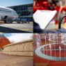 Quadrants with photos of an airport runway, a university campus, a fountain at the 1996 Atlanta Olypmics, and an inspector looking over fire extinguishers.