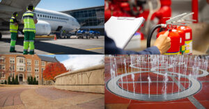 Quadrants with photos of an airport runway, a university campus, a fountain at the 1996 Atlanta Olypmics, and an inspector looking over fire extinguishers.