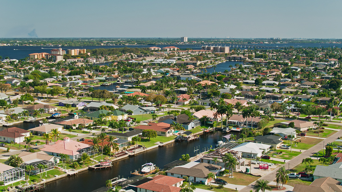 An aerial view of neighborhoods in Cape Coral, Florida.