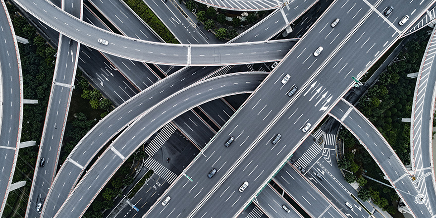 An aerial photo of a highway interchange.