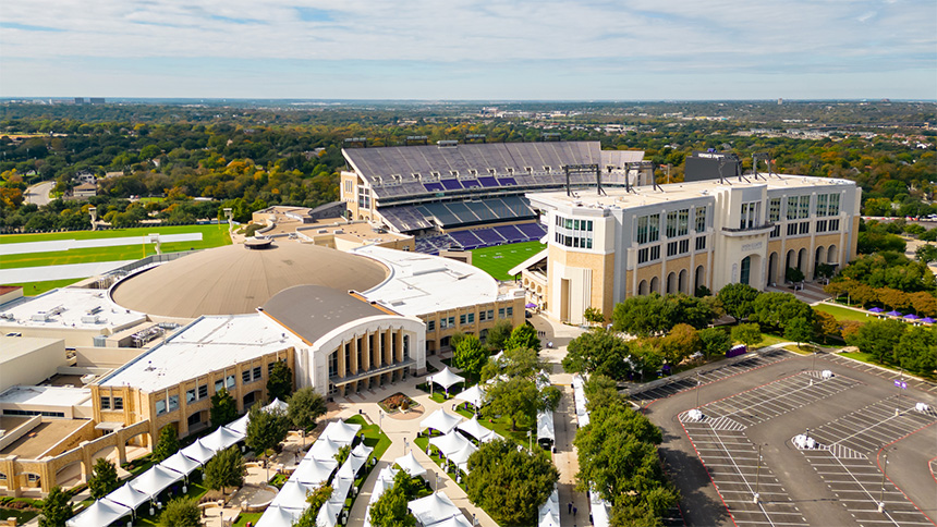 An aerial photo of the Texas Christian University (TCU) campus.