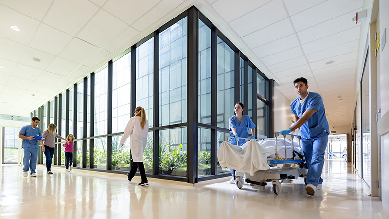 Inside the hallways of a modern hospital.
