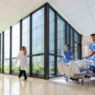 Inside the hallways of a modern hospital.