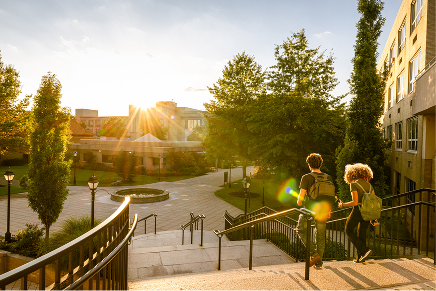 Two students walk down a stairway on the middle of campus.