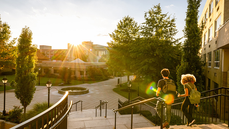 Student walk down an outdoor staircase on a college campus.