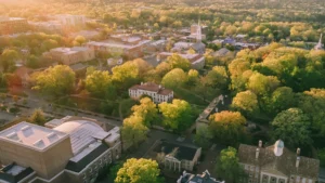 An aerial view of a college campus.