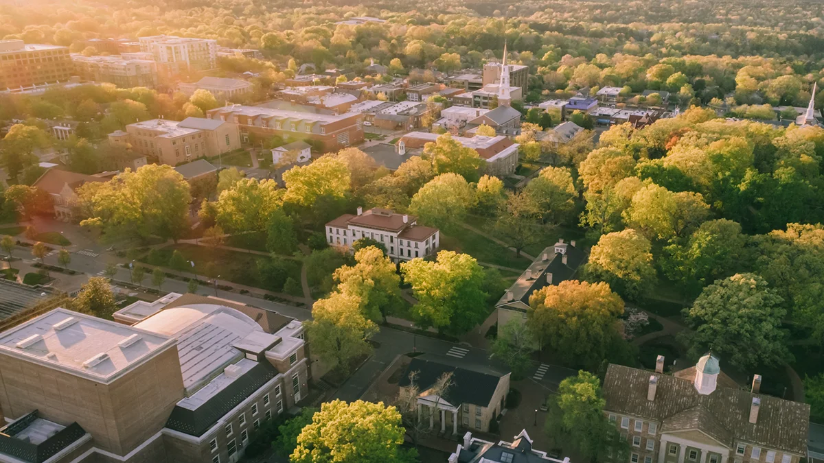 An aerial view of a college campus.