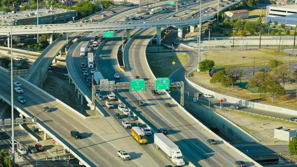 A busy intersection on a highway through San Antonio, Texas.