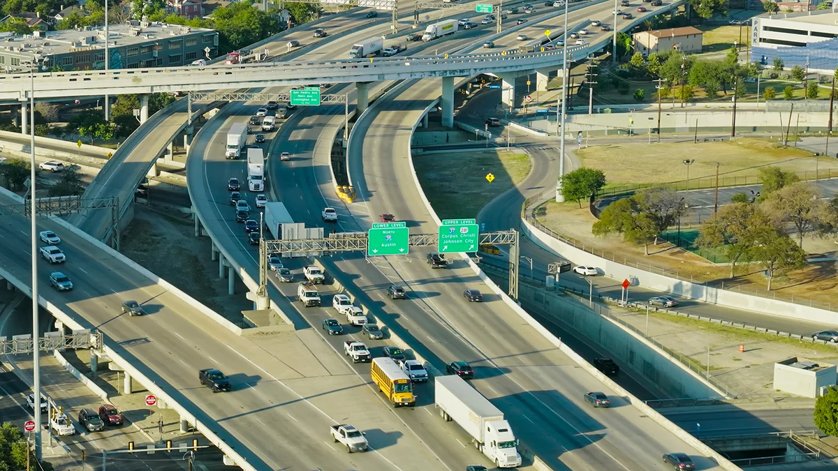 A busy intersection on a highway through San Antonio, Texas.